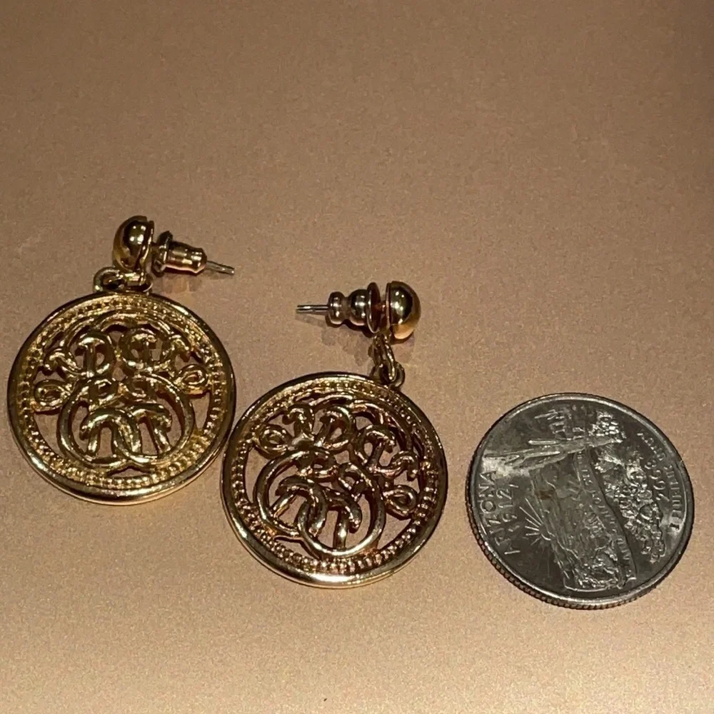 Scroll Design Post Dangle Earrings Gold Round